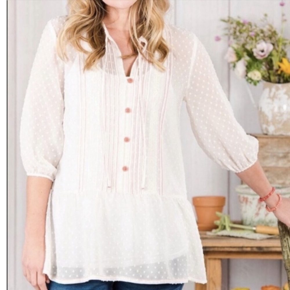 Matilda Jane Swiss Dot Light the Way 3/4 Sleeve White Mesh Blouse Size Large